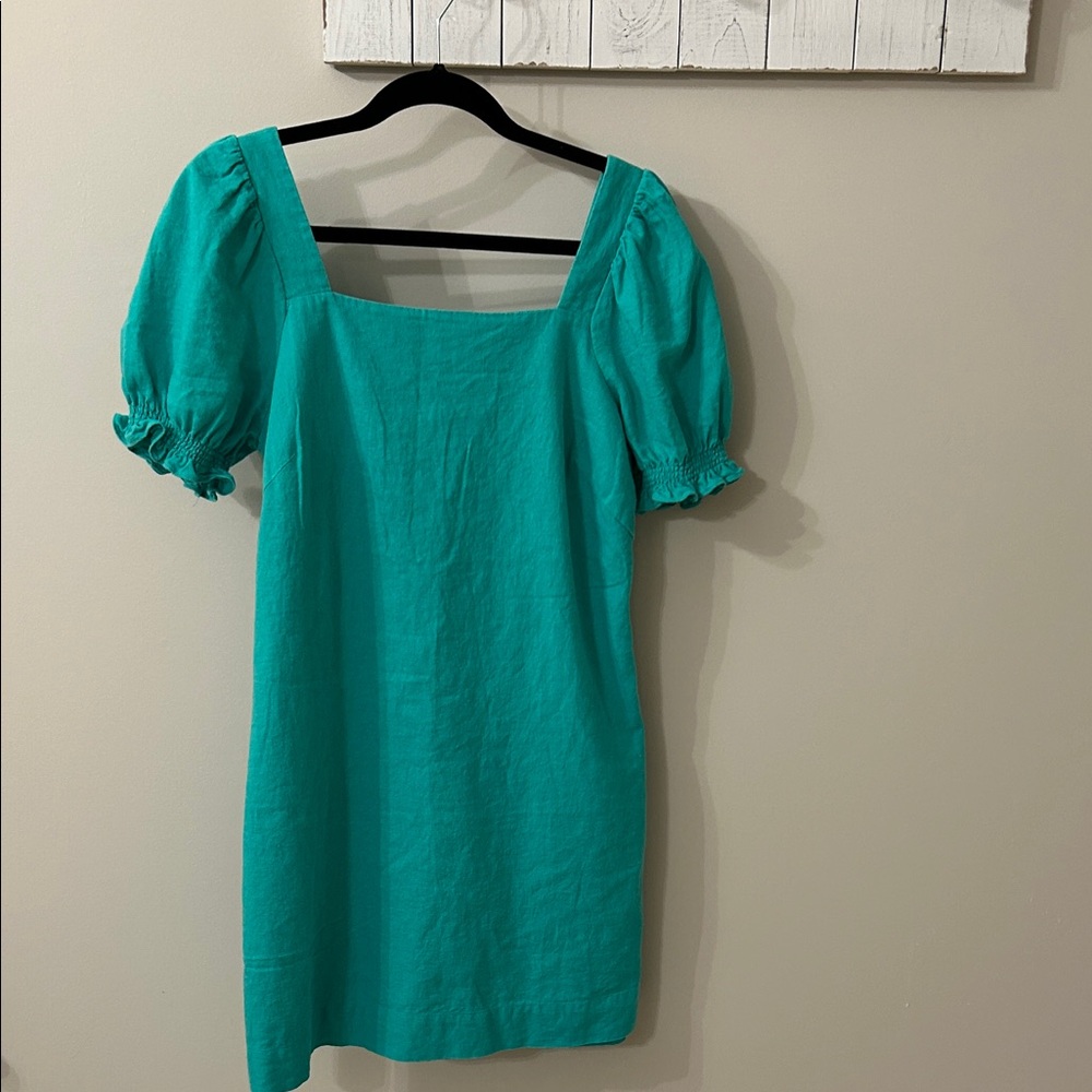 Draper James Teal Square-Neck Puff-Sleeve Dress, Linen